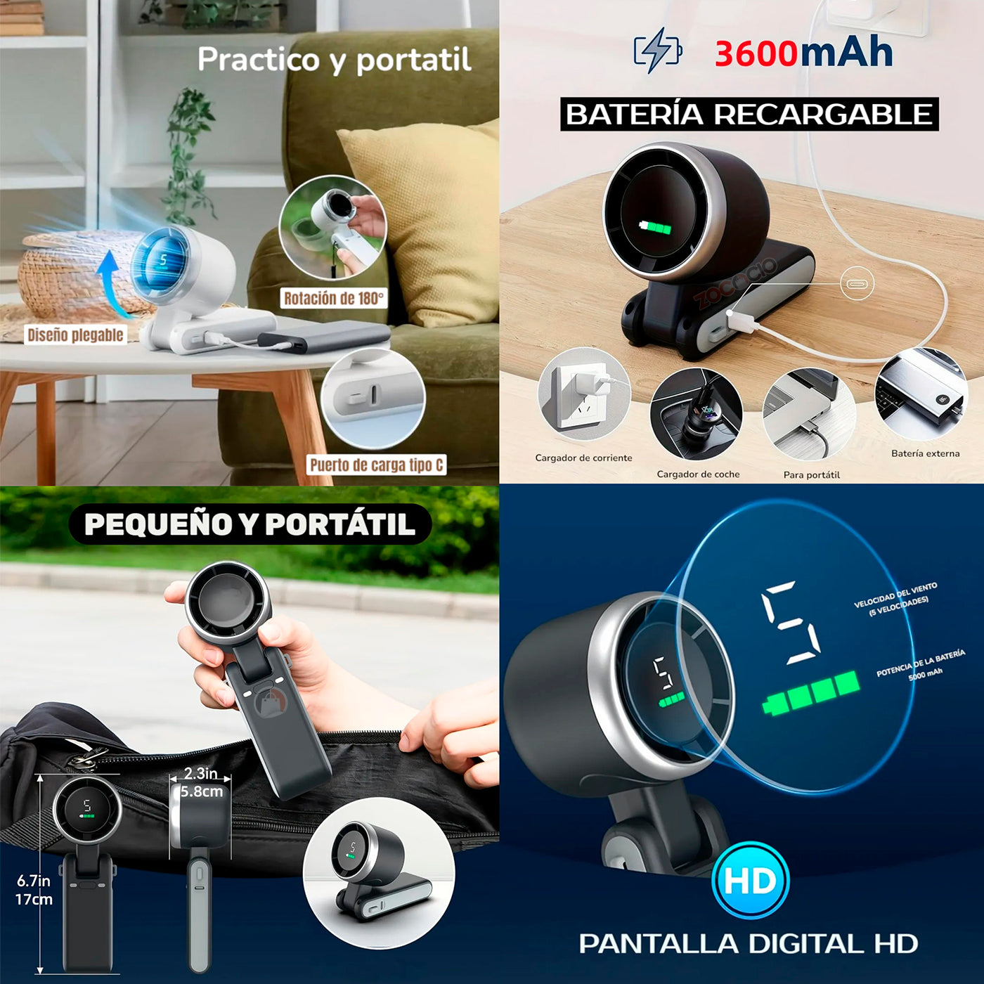 Ventilador Turbo De Mano Portátil Recargable Plegable 5 Vel