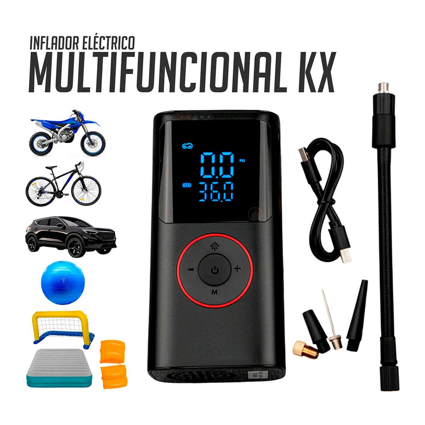 Inflador Eléctrico Portátil Pantalla Digital Recargable Negro 5v Monofásica