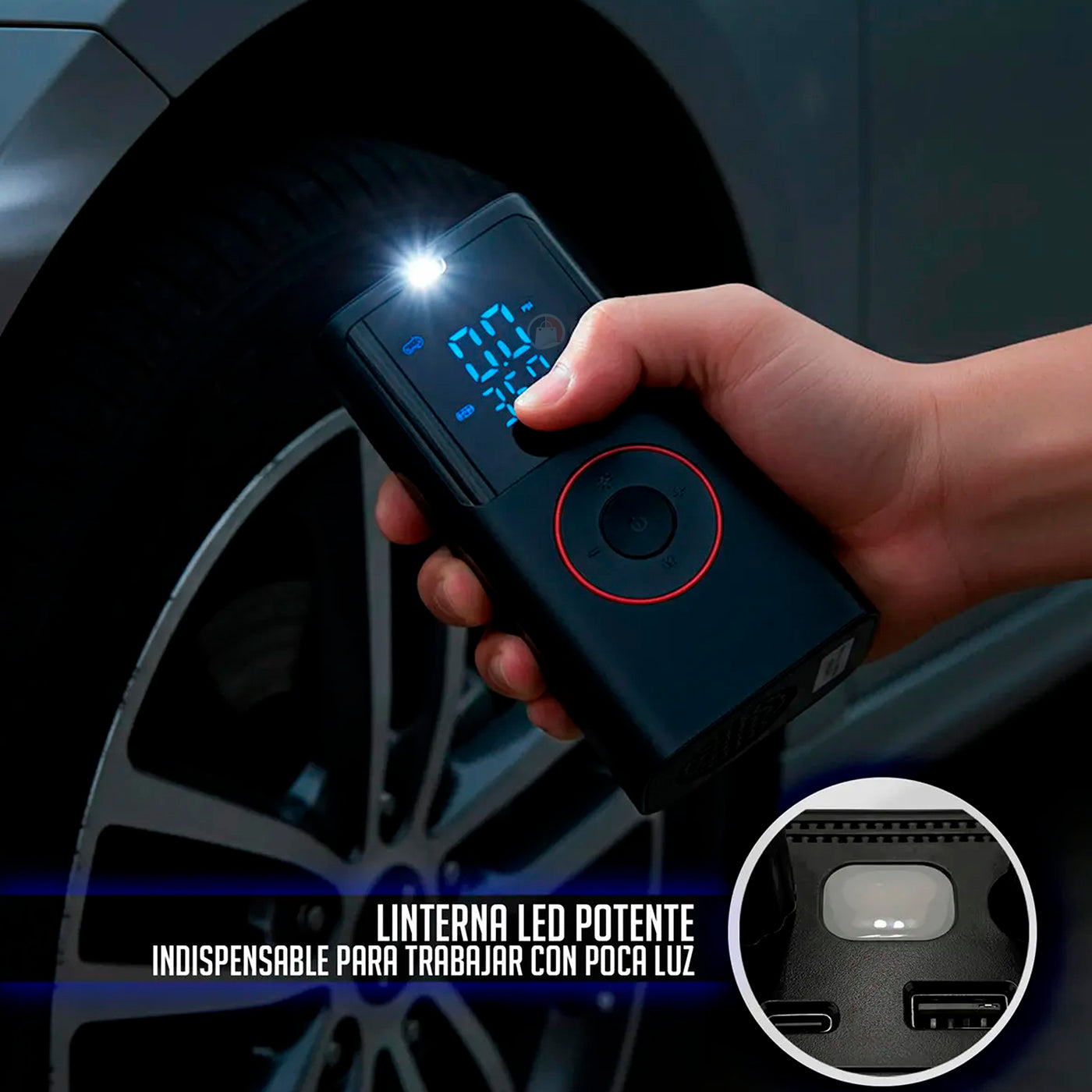 Inflador Eléctrico Portátil Pantalla Digital Recargable Negro 5v Monofásica