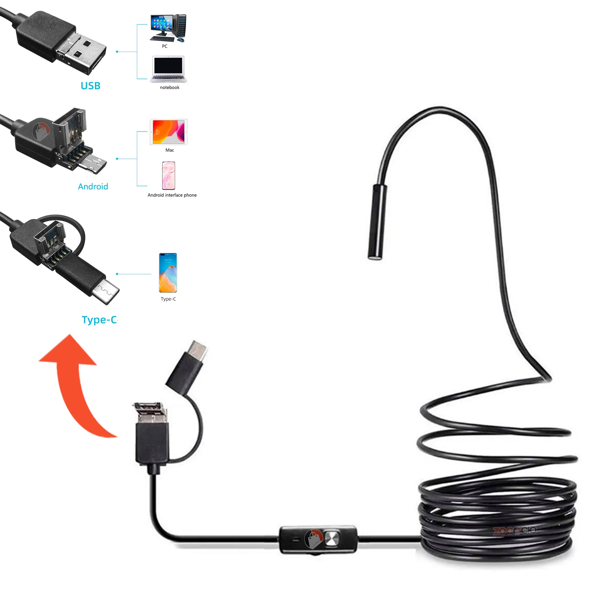 Cámara Endoscópica USB Impermeable Android y PC Cable 2m