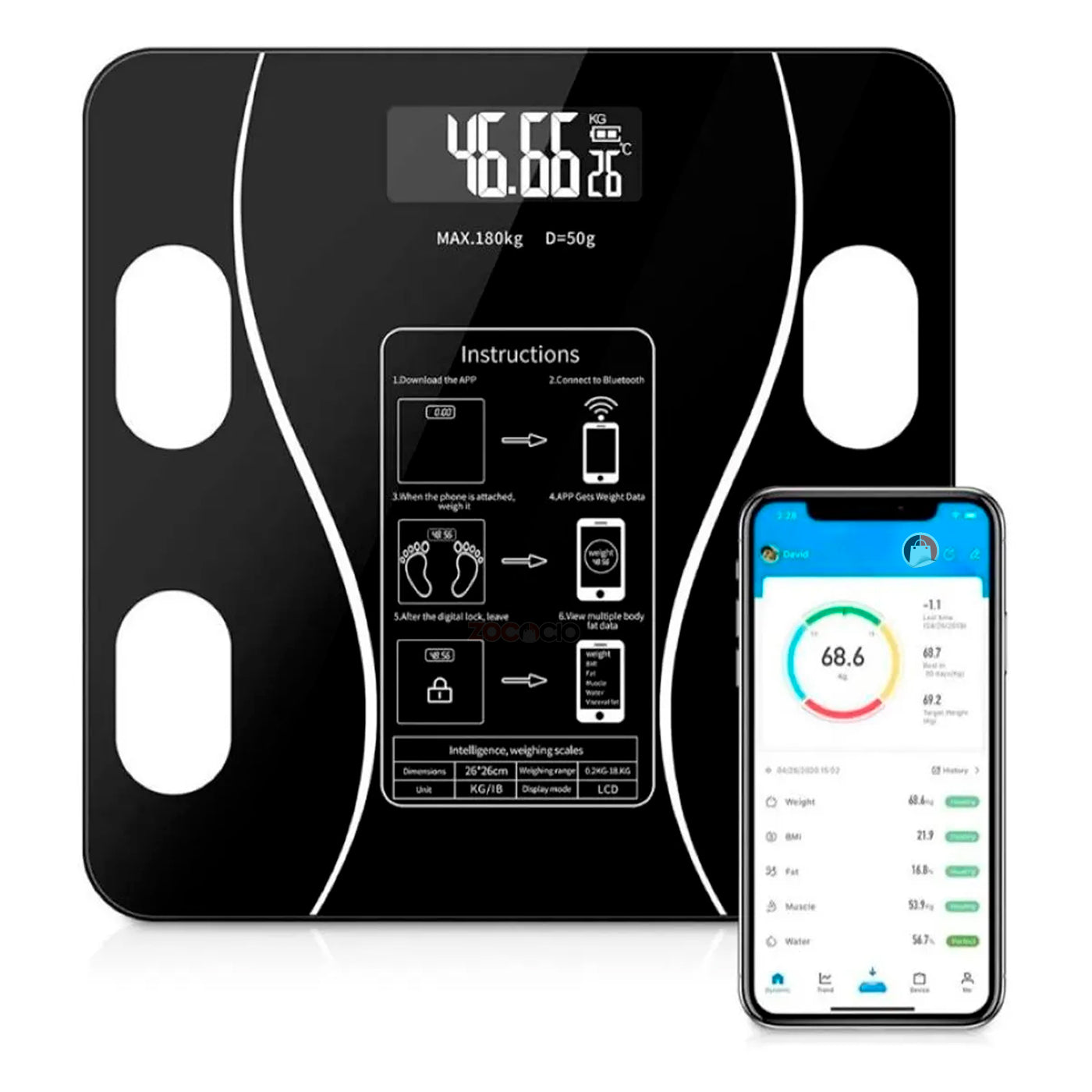 Pesa Digital De Baño Inteligente A Pilas Bluetooth App Negro