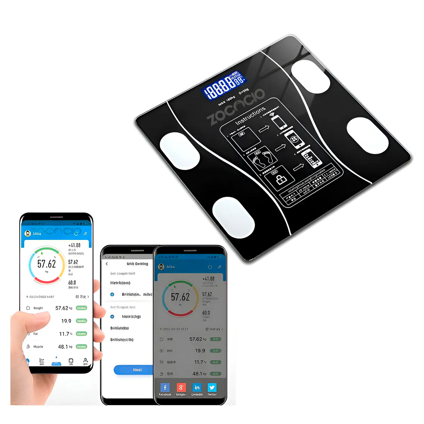 Pesa Digital De Baño Inteligente A Pilas Bluetooth App Negro